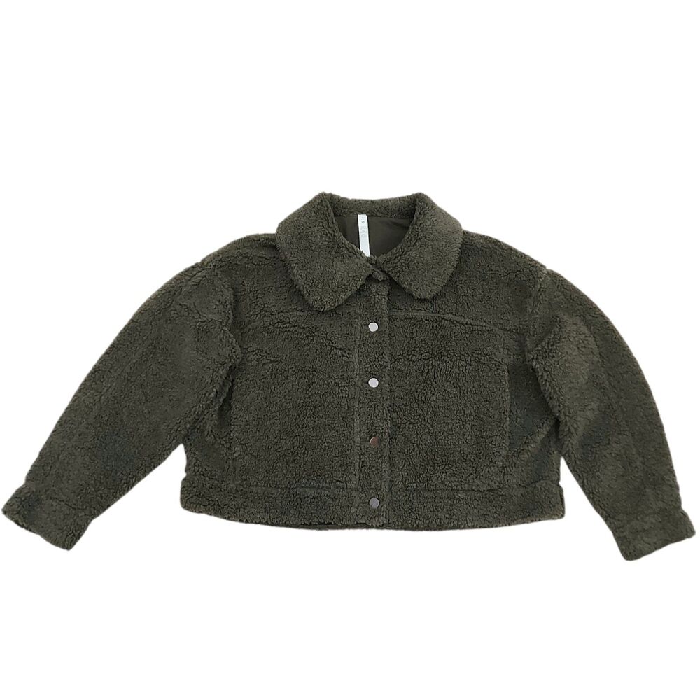Lululemon Sherpa Jacket Womens 14 Dark Olive Textured Fleece Button Lined Cozy
